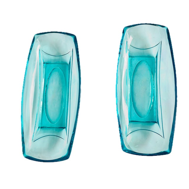 Vintage Pair Art Deco style aqua glass dishes. Long shape with Deco geometric styling to the base and overall shape. No...