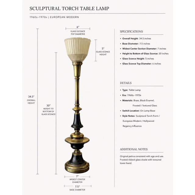 A striking 1960s–1970s sculptural torch-form table lamp featuring rich aged brass, glossy black enamel accents, and an...