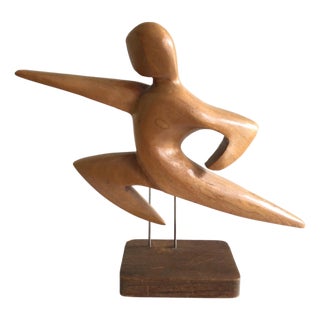 1950s Carved Wooden Sculpture of Leaping Man Mounted on Wood Base For Sale