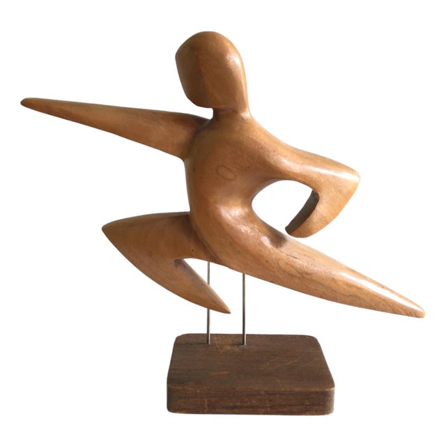 1950s Carved Wooden Sculpture of Leaping Man Mounted on Wood Base For Sale