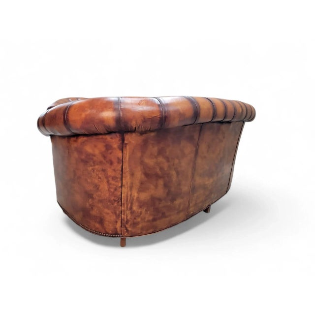 Mid 20th Century Vintage English Tufted Distressed Cognac Leather Chesterfield Sofa - Pair For Sale - Image 5 of 10