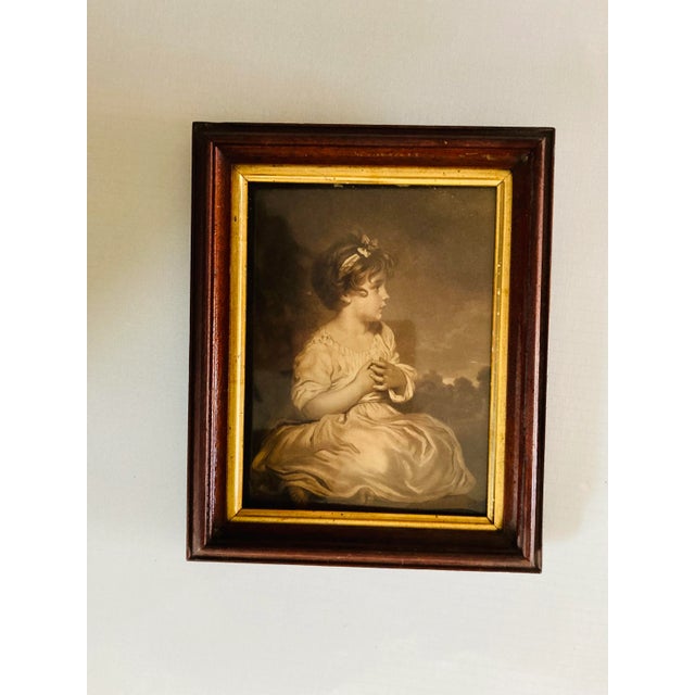 Wistful 19th. century black & white photo print of young girls, wood frame. 11"H X 9"W X1.5" Excellent condition....
