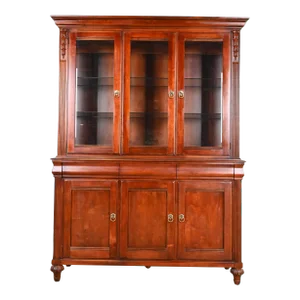 Ethan Allen French Regency Louis XVI Carved Cherry Wood Lighted Breakfront Bookcase or Display Cabinet
