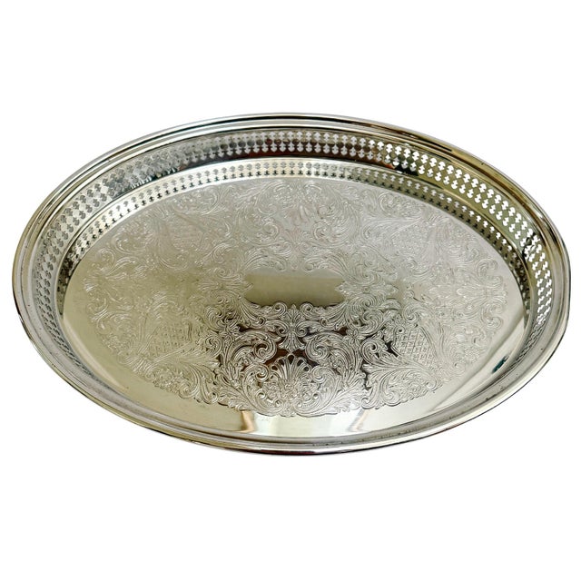 Mid 20th Century Mid 20th Century Silver Plated Gallery Tray & Sunburst Pressed Glass Hors d'Oeuvres Insert For Sale - Image 5 of 7