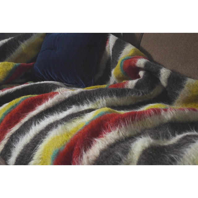 Textile Vintage Folk Art Portuguese Wool Blanket Cobertor De Papa Striped Textile Rustic Bed Throw, 1950s For Sale - Image 7 of 11