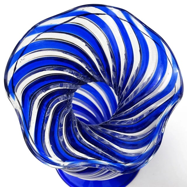 Mid-Century Modern Vintage Murano AVeM Swirling Sapphire Blue Clear Stripes Italian Art Glass Ruffle Rim Flower Vase For Sale - Image 3 of 4