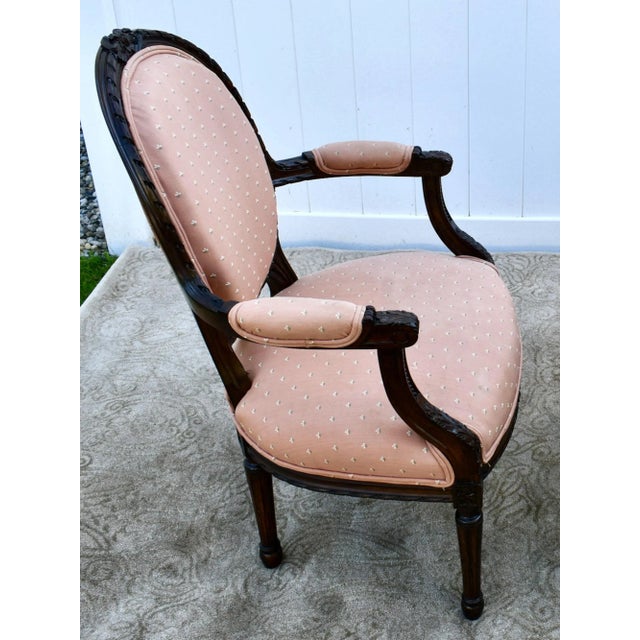 Wood Carved Wood Bergere Chair Louis XVI Style Medallion Oval Back Pink Fabric 50s For Sale - Image 7 of 13