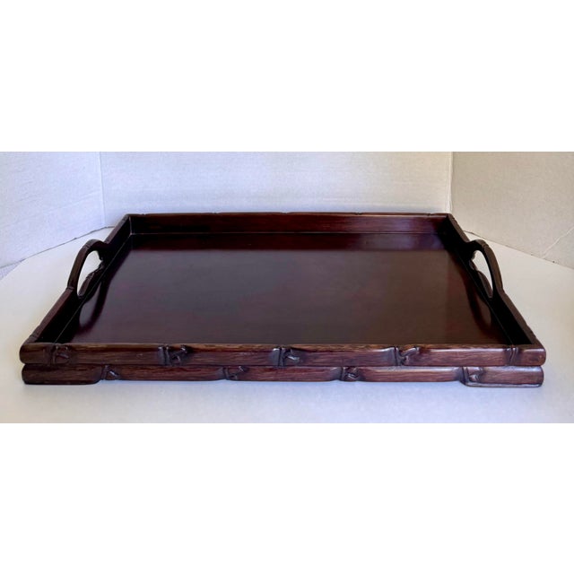 Coffee 1930's Chinese Carved Rosewood Faux Bamboo Handled Tray For Sale - Image 8 of 12
