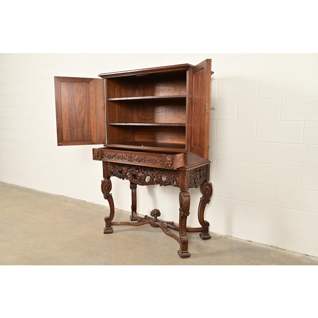 Antique French Renaissance Revival Carved Walnut Bookcase or Bar Cabinet, Circa 1890s For Sale In South Bend - Image 6 of 15
