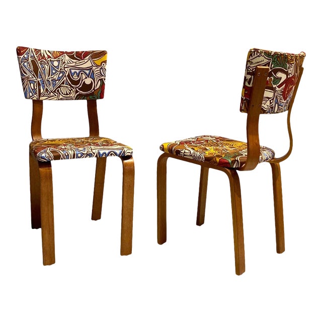 Joe Atkinson Chairs for Thonet, Pablo Picasso LTD Edition Fabric 1940s (Pair) For Sale