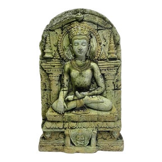 Vintage High Relief Buddha Figure Wall Hanging Sculpture or Plaque on Stone Tablet For Sale