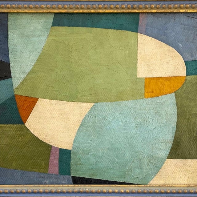 Mid-Century Modern Contemporary Abstract Blue and Green Oil Painting in Vintage Frame For Sale - Image 3 of 6