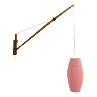 Scandinavian Teak Wall Lamp with Pink Pleated-Shade, 1960s For Sale