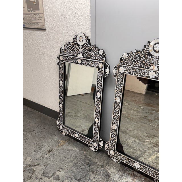 Moroccan Style Mother-of-Pearl Inlaid Floral Wall Mirrors, Pair For Sale - Image 4 of 12