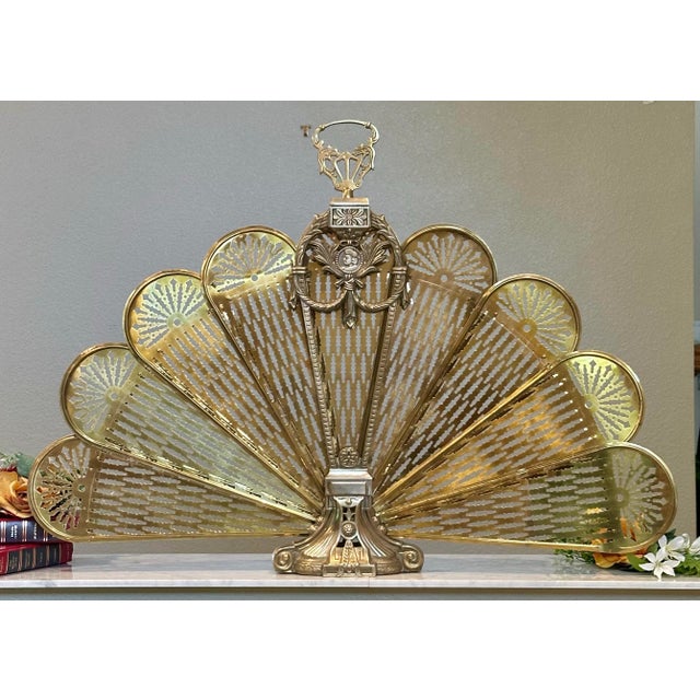 Vintage Brass Fireplace Screen Cameo Folding Peacock Screen For Sale - Image 11 of 11