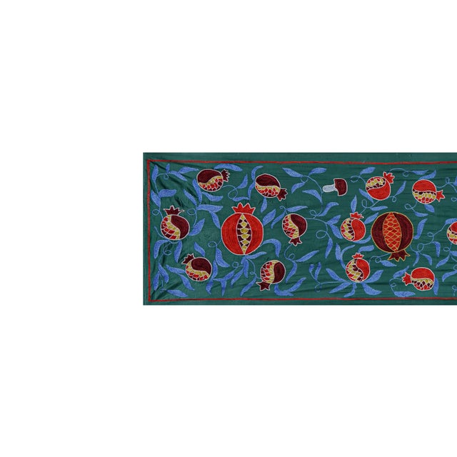 1960s Green Uzbek Suzani Embroidered Table Runner – Red Pomegranate Floral Boho Textile 1'8'' X 6'1'' For Sale - Image 5 of 12
