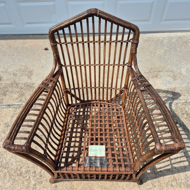 1970s Lane Venture Stick Wicker Rattan Arm Chair & Ottoman, Set of 2 For Sale - Image 10 of 14