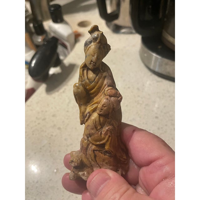 Antique Chinese carved soapstone (or Shoushan stone) figural group, often depicting figures such as Guanyin, a Taoist...