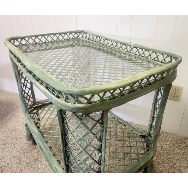 Green Vintage Rolling Bar Cart Green Basketweave For Sale - Image 8 of 12