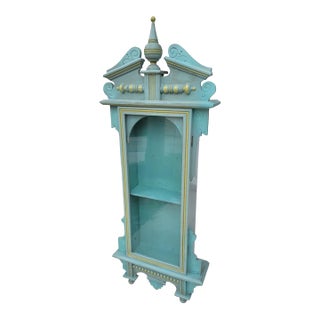 ​Vintage Repurposed Architectural Clock Case Pale Seafoam Blue Curiosity Trinket Cabinet Wall Shelf For Sale