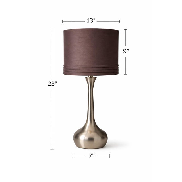 Pair of Contemporary Brushed Nickel Table Lamps With Original Chocolate Brown Drum Shades – 23” For Sale - Image 4 of 8