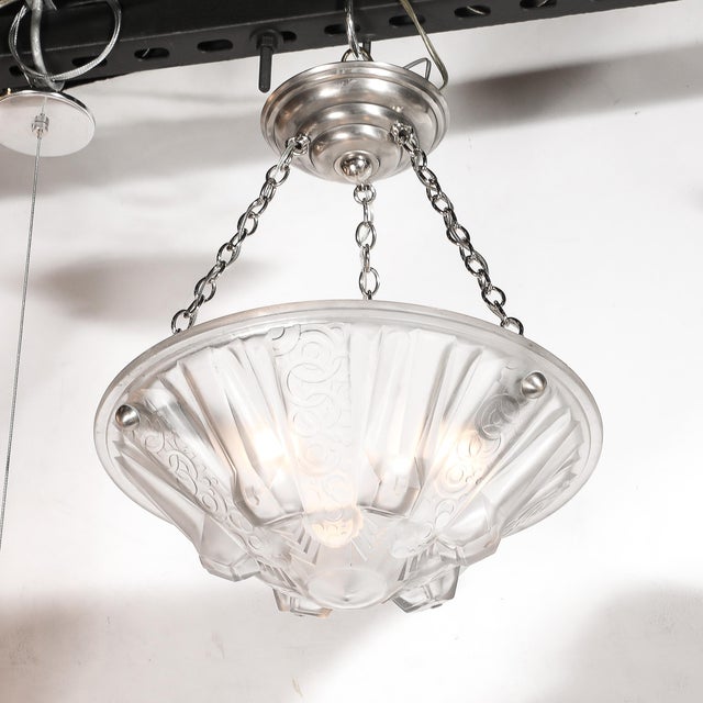 Art Deco 1930s Stunning Art Deco Cubist Detailed Molded Glass Chandelier Signed Muller Freres For Sale - Image 3 of 18