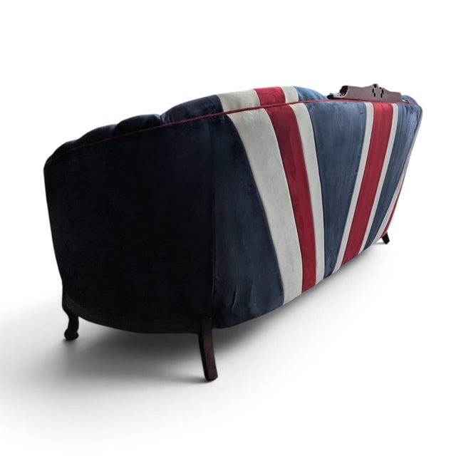 Vintage Union Jack Upholstered Sofa With Ornate Carved Wood Frame For Sale - Image 10 of 18