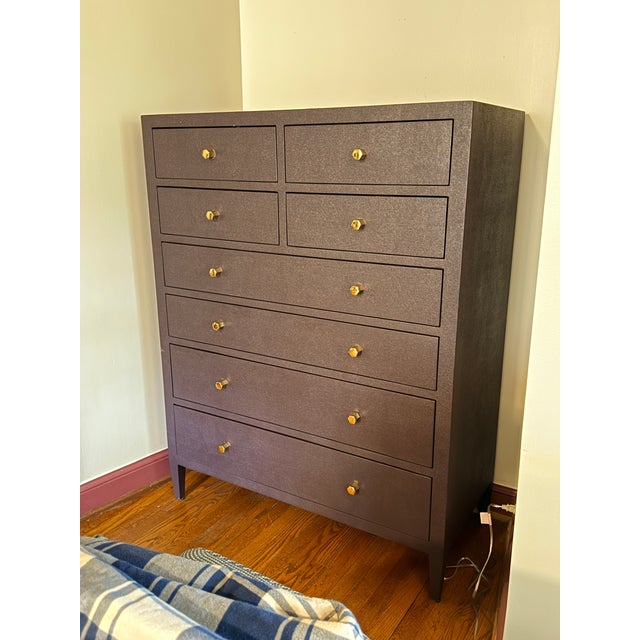 Made Goods Jarin Tallboy in Aubergine Linen A simple shape in a tall profile providing great storage. Faux Belgian linen...