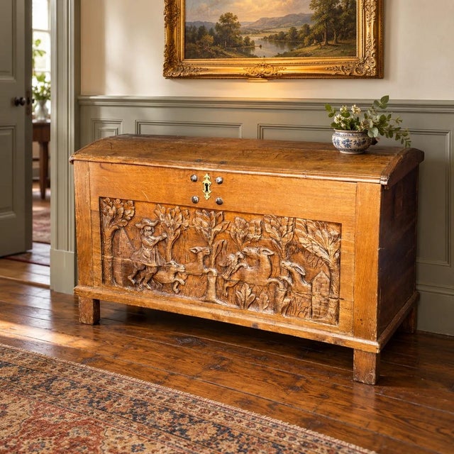 Early 20th Century Carved Oak Hunt-Scene Storage Trunk, Estimated Early 1900s For Sale - Image 5 of 9