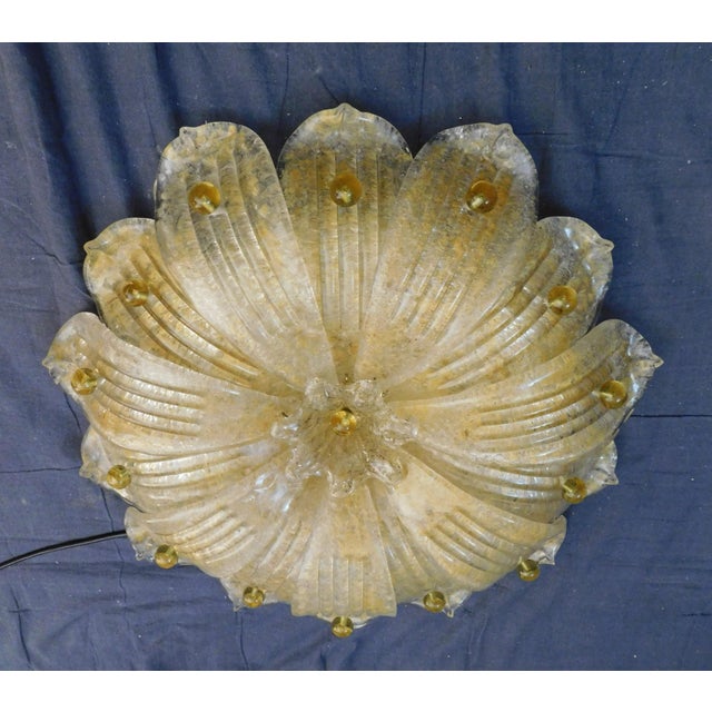 Vintage golden colored Italian Murano glass flush mount with amber graniglia glass leaves / Made in Italy in the style of...