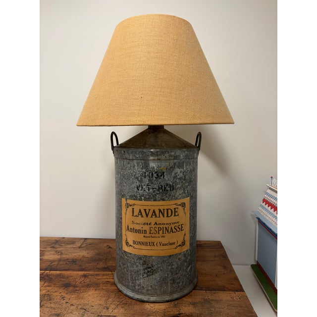 Early 20th Century Antique French Galvanized Lavender Canister Lamps With Original Labels & Custom Burlap Shades - a Pair For Sale - Image 5 of 17