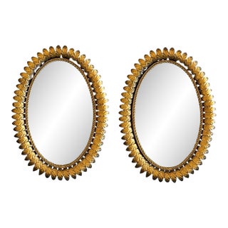 Mid 20th Century Pair of Spanish Gilt Metal Oval Sunburst Mirror For Sale