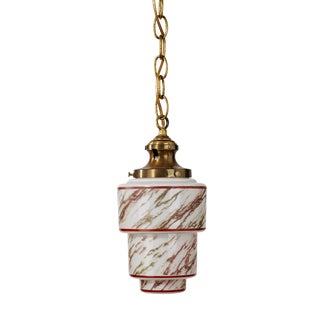 Mid-20th Century Modern Painted Upside Down 'Wedding Cake' Milk Glass and Brass Pendant For Sale