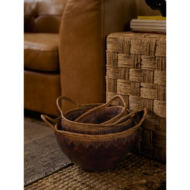 Vintage Indonesian Handmade Nesting Wooden Bowls With Woven Handles For Sale - Image 11 of 11