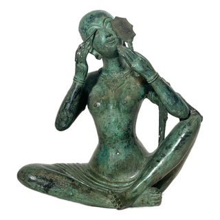 Patinated Bronze Seated Woman with Mirror Figurine For Sale