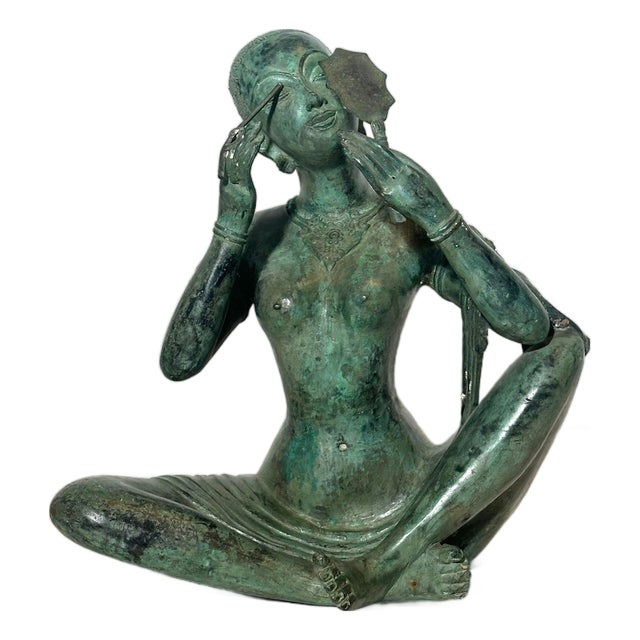 Patinated Bronze Seated Woman with Mirror Figurine For Sale