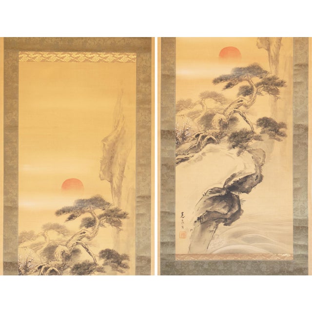 "Rising Sun and Pine Tree" by Miyata Jisen, Early Showa Japanese Scroll Painting For Sale - Image 4 of 14