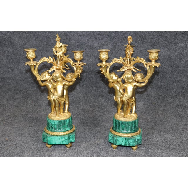 French 19th C Bronze Ormolu and Malachite Clockset Made for Tiffany & Co France For Sale - Image 10 of 12