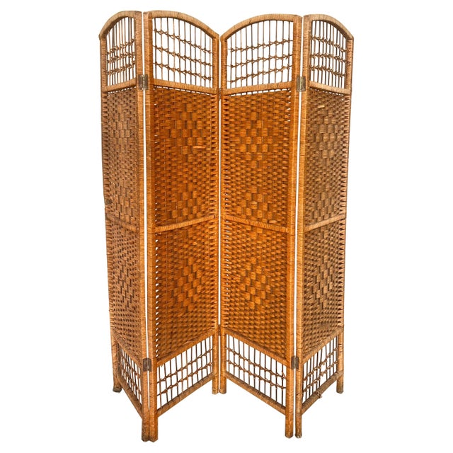 Mid 20th Century Four-Panel Bamboo Wicker Rattan Folding Screen Room Divider, France 1960s For Sale - Image 5 of 18