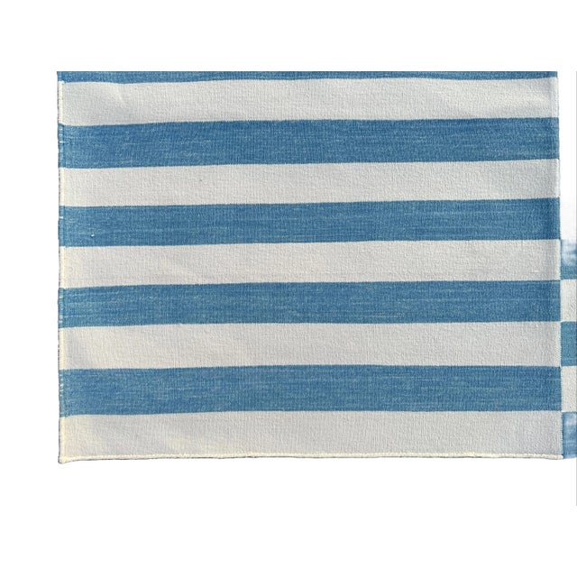 Handmade Cotton Rug, Sky Blue and White Natural Vegetable Dyed Up Down Striped Dhurrie- 12'x15' For Sale - Image 10 of 11
