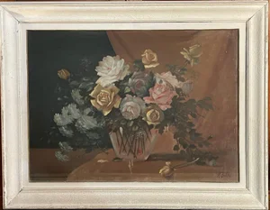 Raffaele Baldi, Vase of Flowers, Tempera on Panel, Framed