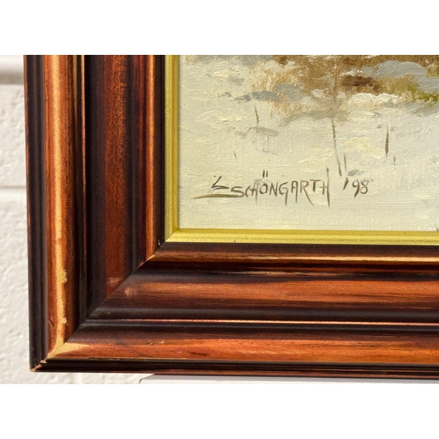 Winter Snow Scene with Pheasants with Golden Sky by 20th Century German Artist 1998 For Sale - Image 9 of 9