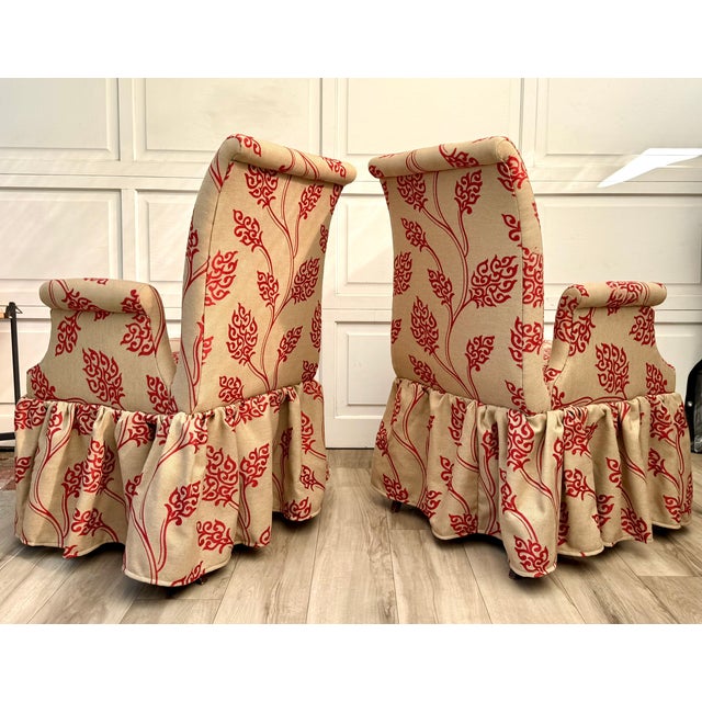 Pair of Vintage Skirted Swan Arm Chairs With Red Embroidered Textile For Sale - Image 13 of 15