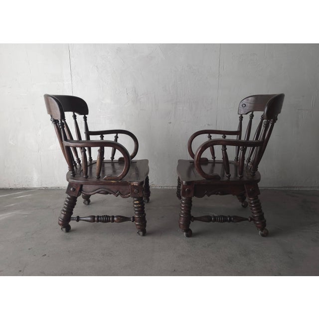 Wood Pair of Antique English Jacobean Windsor Lounge Chairs For Sale - Image 7 of 12