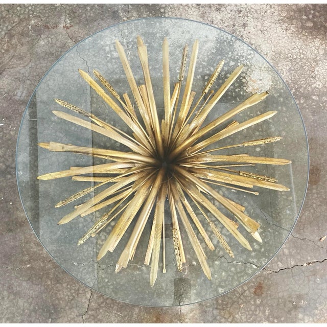 Mid 20th Century Vintage Hollywood Regency Style Gilt Sheaf of Wheat Round Glass Top Table For Sale - Image 5 of 10