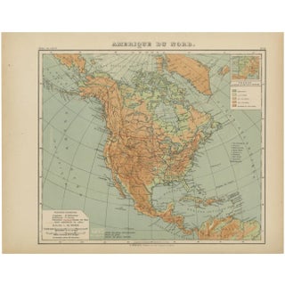 Antique Map of North America Physical Relief Map by Hachette, 1883 For Sale