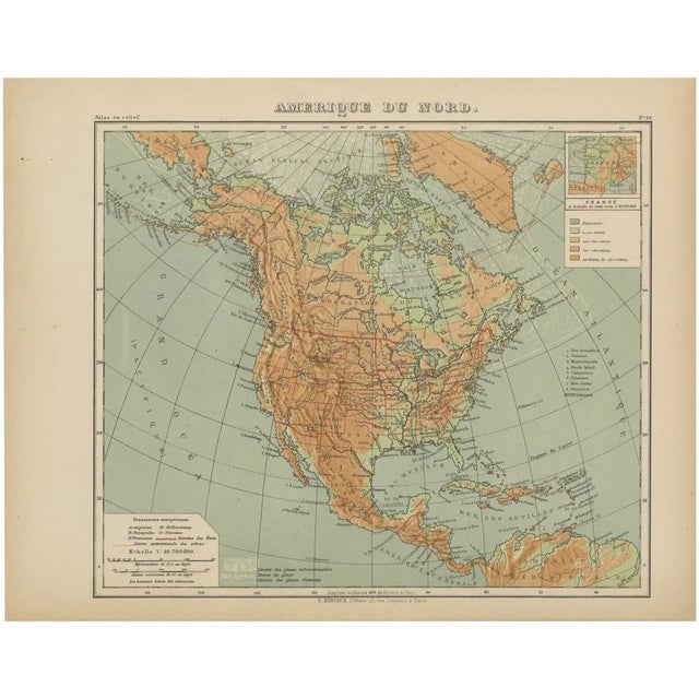 Antique Map of North America Physical Relief Map by Hachette, 1883 For Sale