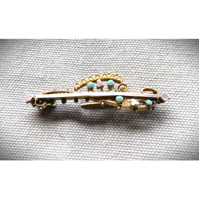 Antique Etruscan Revival 10k Gold Openwork Brooch Pin, Turquoise Stones For Sale - Image 12 of 12