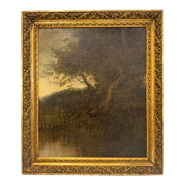 Antique Oil Painting French Lake Landscape For Sale