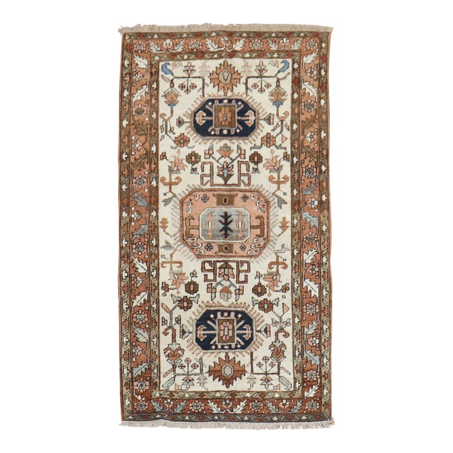Early 20th Century Zabihi Collection Ivory Brown Heriz Scatter Rug - 3'3" x 5'11" For Sale